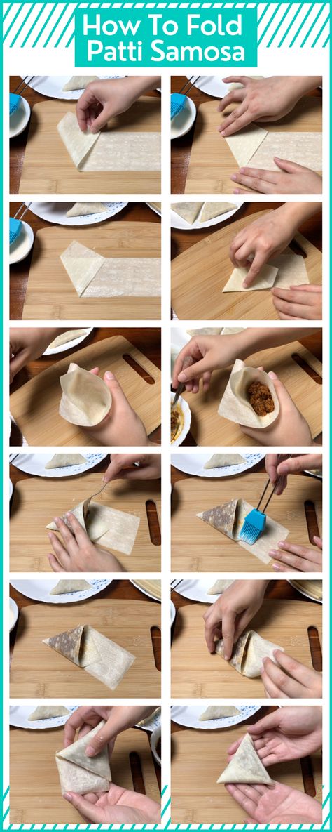 Learn how to fold patti samosa with these step by step pictures Samosa Aesthetic Pictures, Patti Samosa Recipe, Keema Samosa Recipe, How To Fold Samosas Step By Step, How To Make Samosas Step By Step, Samoosa Fillings Recipe Videos, Samosa Patti Recipes, How To Make Samosas Dough, Samosa Snap