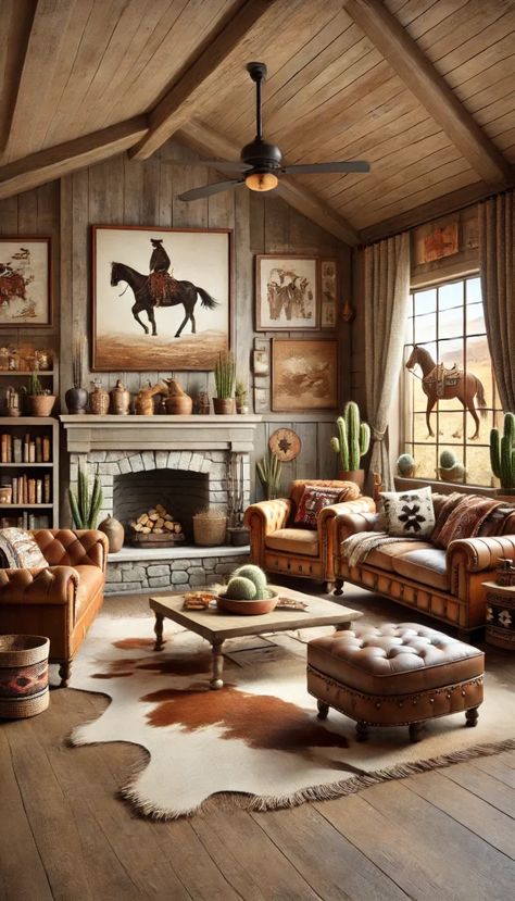 Western Fireplace Ideas, Cowhide Living Room Ideas, Western Fireplace, Ranch House Living Room, Western Decor Ideas, Boho Western Living Room, Western Style Living Room, Southwest Living Room, Rustic Living Rooms