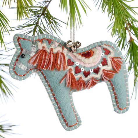 Wool Embroidered Swedish Dala Horse Ornament - World Market World Market Christmas, Swedish Christmas Decorations, Wool Project, Scandinavian Christmas Ornaments, Swedish Heritage, Knit Decor, Embroidered Christmas Ornaments, 2024 Lookbook, Swedish Dala Horse