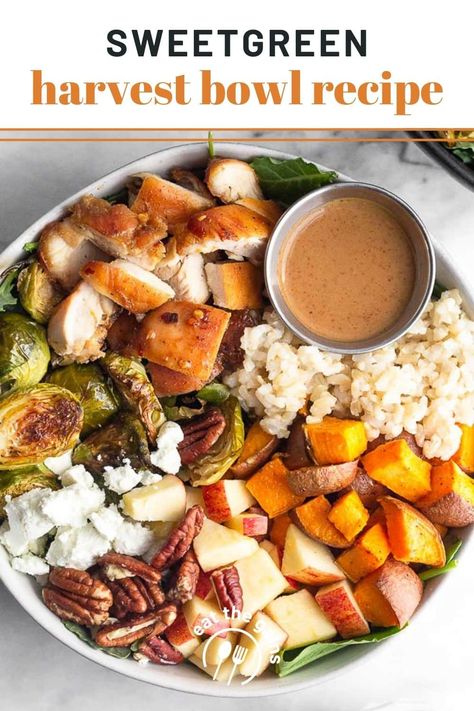 Copycat Sweetgreen harvest bowl with juicy marinated chicken, roasted sweet potato and brussel sprouts, apples, pecans, goat cheese, and a creamy balsamic dressing. It's makes a delicious and flavor-packed grain bowl for a healthy lunch or dinner and is perfect for meal prep. Gluten-free and easily made dairy-free. Harvest Bowl Meal Prep, Chicken Harvest Bowl, Copycat Sweetgreen Recipes, Chicken Sweet Potato Bowl, Harvest Bowl Recipe, Creamy Balsamic Dressing, Harvest Bowl, Bowl Meals, Sweet Potato Bowls