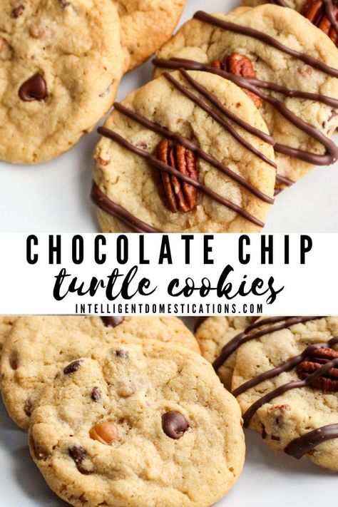 Christmas Turtle Cookies, Turtle Chocolate Chip Cookies, Turtle Cookies Recipe, Chocolate Chip Pecan Cookies, Turtle Cookies, Caramel Bits, Chewy Cookies, Cookie Recipes Homemade, Good Pie