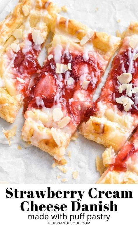 Strawberry Cream Cheese Pastry, Puff Pastry Cream Cheese Danish, Strawberry Puff Pastry Recipes, Strawberry Cream Cheese Puff Pastry, Cheese Danish With Puff Pastry, Strawberry Danish Recipe, Easy Breakfast Cheese Danish, Strawberry Cream Cheese Danish, Cream Cheese Strawberries