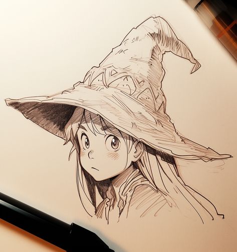 Witch Drawings Sketches, Witch Aesthetic Sketch, Witch On Broom Illustration, Witch Hat Sketch, Cute Witch Hat Drawing, Wizard Hat Drawing Reference, Old Witch Drawing, Witch Hat Reference, Witch Drawing Pencil