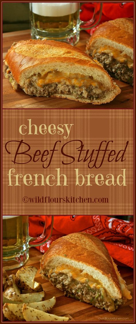 Cheesy Beef Stuffed French Bread - Wildflour's Cottage Kitchen Bread Meals, Stuffed French Bread, Hot Sandwiches, French Bread Loaf, French Loaf, Jeff Mauro, Bread Sandwich, French Bread Recipe, Cooking Easy