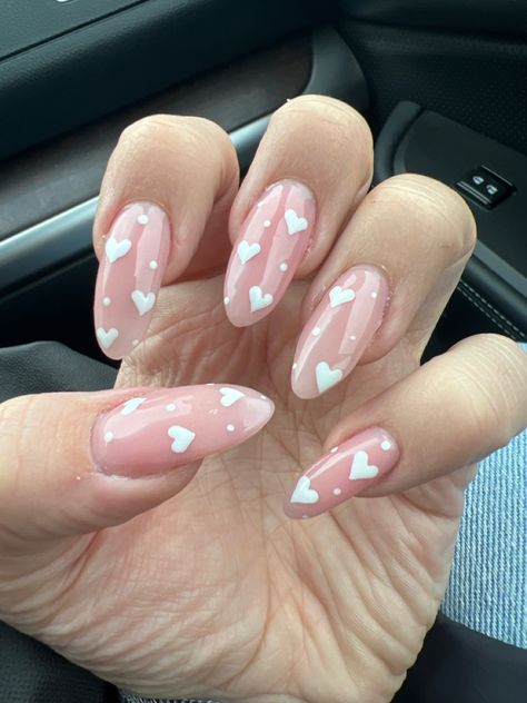 Nails With Hearts Acrylic, Pink Nails White Hearts, Light Pink Heart Nails, Light Pink And White Nails, Hearts Acrylic Nails, Love Heart Nail Art, Almond Acrylic Nails Designs, Blush Pink Nails, Acrylic Nails Designs