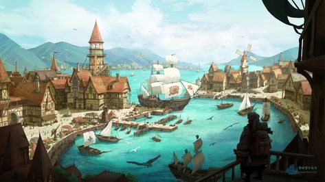 Medieval Port City, Medieval Port, Dnd World Map, Fantasy Town, Hyun Kim, Port City, City Background, Ji Hyun, Coastal Cities