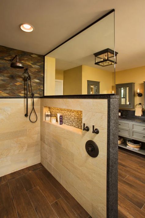 Stand In Shower Tile Ideas, Shower Controls On Side Wall, Doorless Showers Walk In Master Bath Tile, Bathroom Half Wall Shower Walk In, Glass And Tile Shower Walk In, Walk In Shower Acrylic Base, Shower Wall Instead Of Door, Half Shower Wall Walk In, Shower With Shampoo Shelf