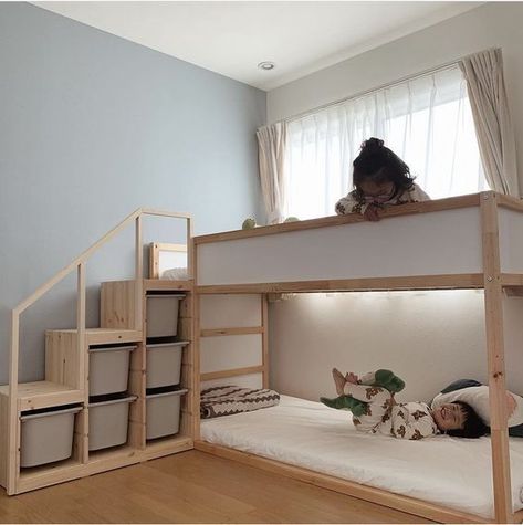 Childrens Bedrooms Ikea, Kura Full Bed Hack, Ikea Toddler Room Boy, Sibling Room Sharing Brother Sister Small Room, Ikea Kura Stairs, Ikea Kids Bedroom Boys, Trofast Bookshelf, Kura Bed Ideas For Boys, Toddler Bedroom Ikea