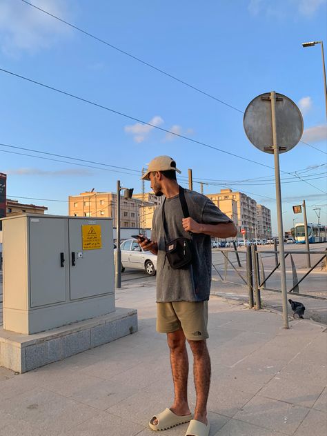 Yeezy Slides Bone Outfit Men, Mens Yeezy Slide Outfit, Vacation Outfits Men Street Styles, Yezzy Outfits Men, Summer Outfits Men Shorts Street Styles, Yeezy Slides Outfit Summer, Slider Outfit, Men Slides Outfit, Yeezy Slide Bone Outfit