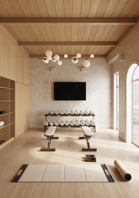 Home Gym Luxury Design, Japandi Home Gym, Basement Exercise Room Ideas, Beautiful Home Gym, Japandi Gym, Home Gym With Sauna, High End Gym, Home Gym Design Luxury, Luxury Home Gym