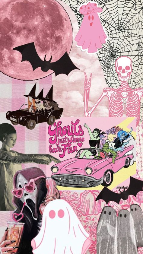 Pink Halloween Collage, Girly Halloween Backgrounds, Pastel Horror Aethstetic, Halloween Coquette Wallpaper, Wallpaper Aesthetic Halloween, Halloween Boards, Halloween Wallpaper Aesthetic, Iphone Decor, Spooky Background