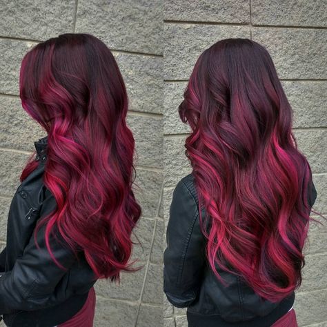 Burgundy and Magenta Balayage Dark Brown With Red And Blonde Highlights, Dark Brown Hair With Red Extensions, Maroon Hair, Red Ombre Hair, Magenta Hair, Wine Hair, Burgundy Hair, Short Hair Color, Ombre Hair Color