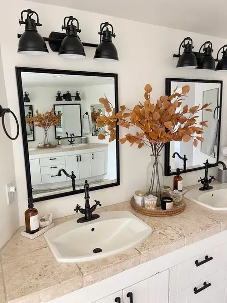 FALL \ new fall decor for my bathroom from Amazon! Loving these vibrant neutral faux stems. | SBK Living Fall Half Bathroom Decor, Decorating A Bathroom, Fall Bathroom Decor, Half Bathroom Decor, Faux Stems, Fall Bathroom, Tuscan House, Fall Farmhouse, My Bathroom