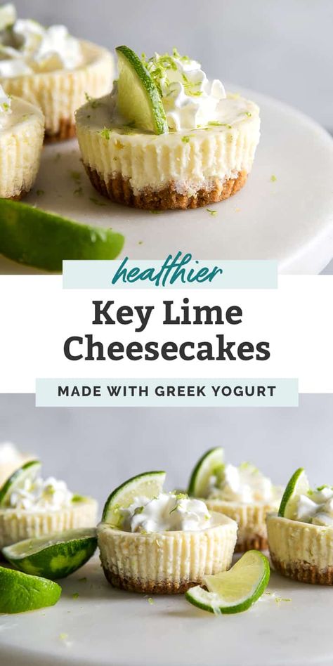 Mini Greek Yogurt Cheesecake, Healthy Dessert Bites, Mini Cheesecakes Healthy, Gluten Free Key Lime Cheesecake, Gluten Free Mini Desserts For Parties, Healthy Key Lime Cheesecake, Low Calorie Key Lime Desserts, Gluten Free Key Lime Cupcakes, Mini Lime Cheesecakes