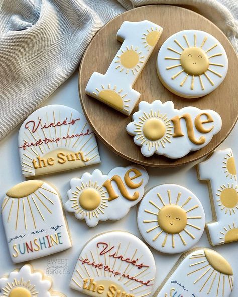 First Trip Around the S U N ☀️ Elevate your birthday party with custom decorated sugar cookies 🎉 ✨Love 🤍 Comment 👇🏼 Share 🫶🏼… | Instagram One Year Around The Sun Cookies, Boy First Birthday Party Ideas First Trip Around The Sun, First Round Around The Sun Birthday, Sunshine 1st Birthday Cookies, 1st Trip Around The Sun Dessert Table, Around The Sun First Birthday Cake, Sun Theme 1st Birthday, Sun Themed Cookies, Sun One Birthday