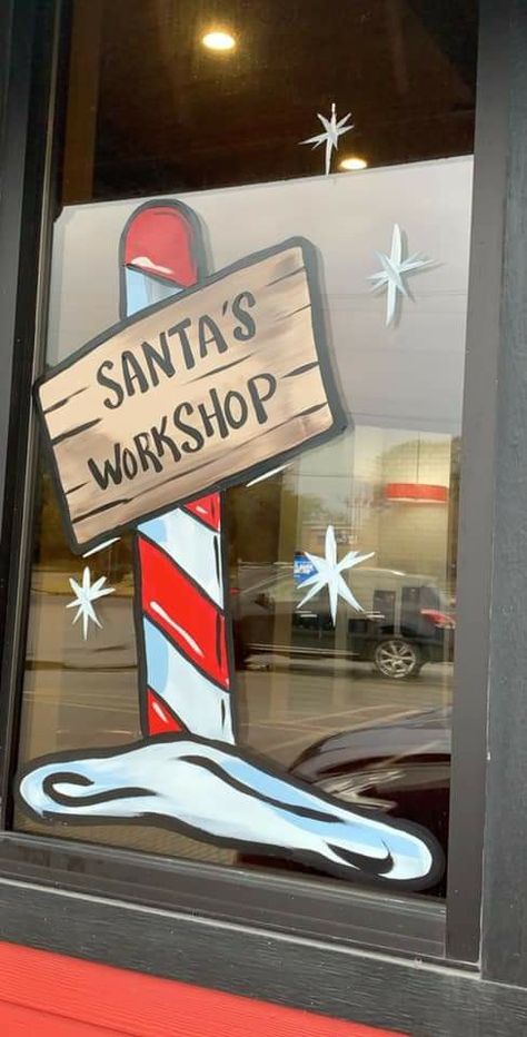 School Santa Shop Decorating Ideas, Christmas Wall Painting Ideas, North Pole Window Painting, Store Front Christmas Window Painting, Preschool Christmas Window Display, North Pole Window Display, Santa's Workshop Window Display, Christmas Classroom Window Decorations, Painted Window Christmas