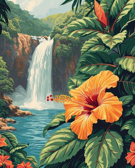 🎨💫Travel Wall Art with Midjourney Prompts - Follow the Link in my Bio🔗🔍 Jungle Landscape Painting, Exotic Illustration Art, Tiki Wall Art, Rainforest Flowers Drawing, Digital Scenery Art, Tropical Forest Drawing, Island Art Tropical, Tiki Painting, Exotic Illustration