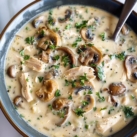 Rotisserie Chicken Mushroom Soup Rotisserie Mushroom Chicken Soup, Rotisserie Chicken And Mushroom Soup, Rotisserie Chicken Mushroom Soup, Rotisserie Chicken Soup Recipes, Chicken Mushroom Soup Recipe, Chicken And Mushroom Soup, Chicken Mushroom Soup, Protein Soup, Comfort Soups