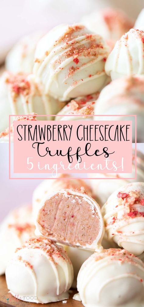 The best Strawberry Cheesecake Truffles are made with only five ingredients! This cheesecake truffle recipe begins with graham crackers, cream cheese, and freeze dried strawberries. The strawberry truffles are dipped in white chocolate, and they taste just like a slice of strawberry cheesecake. Best Strawberry Cheesecake, Cheesecake Truffles Recipe, Strawberry Truffles, Sweet Munchies, No Bake Strawberry Cheesecake, Yummy Candy, Cheesecake Truffles, Truffle Shuffle, Homemade Truffles