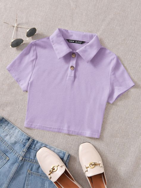 Lilac Purple Casual  Cap Sleeve Polyester Plain   Slight Stretch Summer Women Tops, Blouses & Tee Purple Polo Shirt Woman Outfit, College Attire, Polo Shirt Outfits, Polo Outfit, Clothing Reference, Outfit Mujer, Purple Outfits, Casual Cap, Stylish Work Outfits