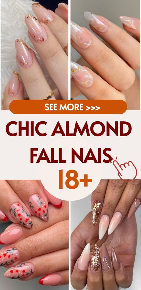 Experience the elegance of chic almond nails this autumn season. Elevate your style effortlessly with this trendy nail shape that exudes sophistication. Embrace deep hues like plum, chocolate brown, and forest green to elevate your fall look. These chic almond nails are perfect for any fall activity, from pumpkin patch visits to cozy evenings by the fireplace. Embrace the essence of the season with these stylish nails! Almond Nail Patterns, Almond Shape Nails With Gems, Almond Shape Autumn Nails, Simple Almond Shaped Nails Designs, Classy Fall Almond Nails, Fall Nails For Almond Shape, Almond French Tip Nails Color Fall, Almond Shape Nails Fall Colors, October Nail Designs Almond Shape