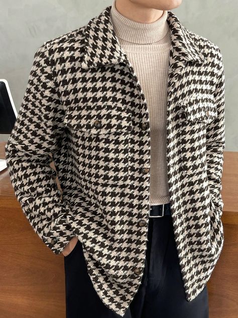 Brown Casual Collar Long Sleeve Woven Fabric Houndstooth Regular Embellished Non-Stretch Fall Men Clothing Check Vest Outfit, Blazer Men Outfit, Tweed Jacket Men, Houndstooth Outfit, Andro Fashion, Vest Outfits Men, Check Outfit, Tweed Fashion, Tweed Men