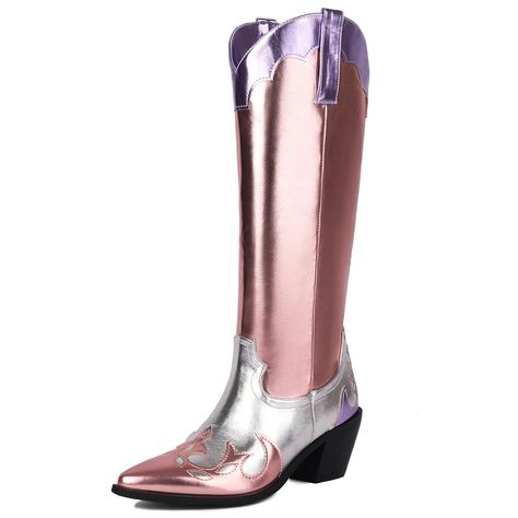 PRICES MAY VARY. Colorblock chrome boots Heel Height: 6 CM / 2.36 inches, shaft height: 36 cm / 14.17 inches, shaft circumference: 34 cm / 13.38 inches.(Data measurement is based on 36 Asian） trendy metallic colorblock boots, silver & pink cowboy boots are trendy type, chunky heels make the shiny boots more comfortable, you won't get tired even if you party all night. the fall boots is made by high quality PU material, soft and comfortable. closure type: pull on the colorblock cowgirl boots is s Vintage Shoes Women, Fashion Cowboy Boots, Bota Country, Western Women, Womens Chunky Heels, Western Boots Women, Pu Heels, Cowboy Boots Women, Womens Knee High Boots