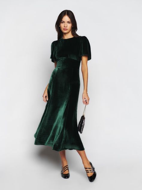 Midi Dresses | Reformation Midi Skirt Fall, Velvet Dress Short, Dress With Flutter Sleeves, Green Velvet Dress, Velvet Midi Dress, Daytime Dresses, Empire Waist Dress, Ruched Bodice, Vintage Style Dresses