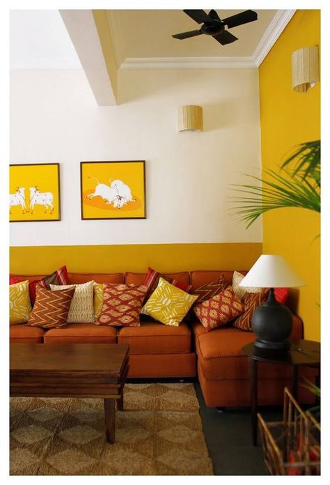 50+ INDIAN INTERIOR DESIGN IDEAS #2 - The Architects Diary Shivani Dogra, Earthy Interiors, Living Room Color Combination, Earth Colours, Indian Interior Design, India Decor, Room Color Combination, Wall Color Combination, Indian Living Room