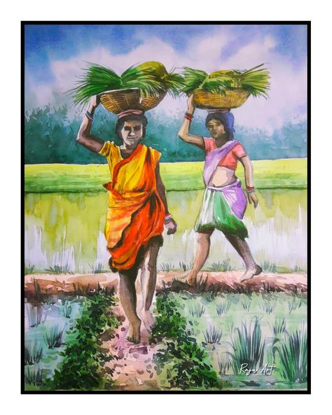 Indian village farmers, water colour on paper. This painting I inspired by other artist's work.. Water Colour Village Scenery, Water Colour Composition Drawing, Village Farmer Painting, Village Scene Drawing Paintings, Indian Farmer Drawing, Farmer Painting Art, Village Composition Painting, Composition Ideas Drawing, Village Life Drawing