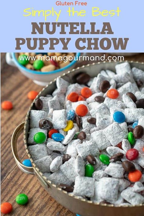 Nutella Puppy Chow recipe is an easy twist on the best muddy buddies recipe, with no peanut butter so all can enjoy! Christmas reindeer chow version too! Puppy Chow With No Peanut Butter, Nutella Muddy Buddies Recipe, Peanut Free Puppy Chow Recipe, Reindeer Chow No Peanut Butter, No Peanut Butter Puppy Chow, Nutella Muddy Buddies, Muddy Buddies Without Peanut Butter, Peanut Butter Free Puppy Chow, Muddy Buddy Recipe No Peanut Butter