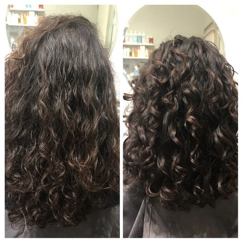 Before and after of my Ouidad haircut. My hair is so soft! Ouidad Before And After, Curly Hair Perm Before And After, Before And After Curly Haircut, Perm Before And After Short, Curly Haircut Before And After, Permanent Curls Before And After, Curly Perm Before And After, Ouidad Haircut, Perm Before And After