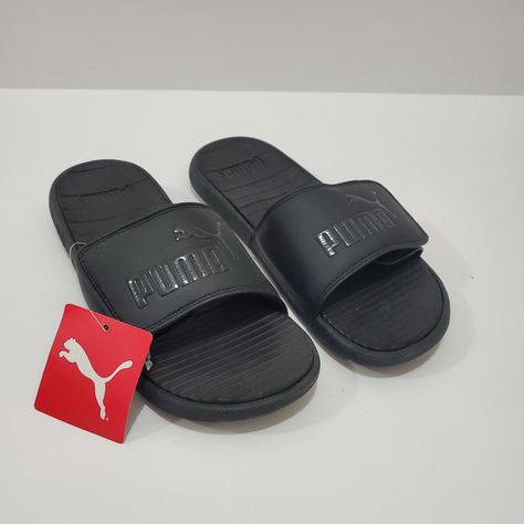 New With Tags. Men's Black Cool Cat V Slides From Puma. Thank You! Size: 8 Puma Slides For Men, Puma Slippers, Puma Sandals, Puma Slides, Slides For Men, White Slides Sandals, Basic Sandals, White Puma, Black Slides