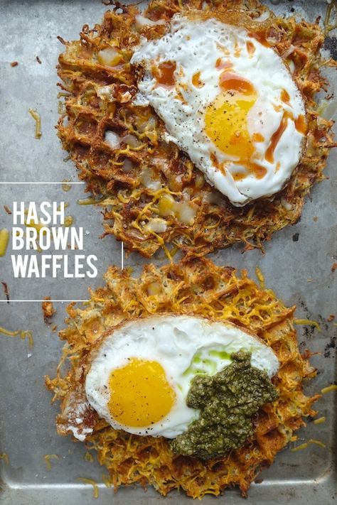 Hash Brown Waffles makes 2 1 large russet potato, finely shredded and patted dry 2 tablespoons unsalted butter, melted 1/2 teaspoon garlic powder salt & pepper 3-4 dashes hot sauce cooking spray Preheat oven to 200F.  Place a baking sheet on the middle rack. Heat waffle iron according to manufacturer’s instructions. Spray the iron with … Hash Brown Waffles, Hashbrown Waffles, Eggo Waffles, Waffle Iron Recipes, Waffle Maker Recipes, Breakfast And Brunch, Hash Brown, Hash Browns, Waffle Recipes