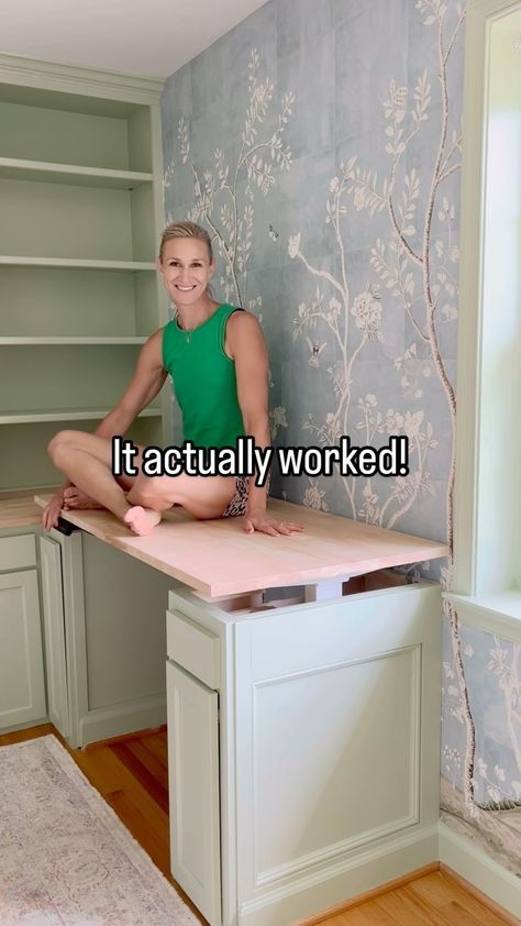 Christina | There are many health benefits to standing while working, but I think most of us would agree, standing desks don’t fit into a traditional… | Instagram Window Seat Storage Bench, Ikea Corner Desk, Diy Standing Desk, Diy Closet Doors, Chinoiserie Mural, Grandmillennial Style, Window Seat Storage, Office Built Ins, Desk Cover