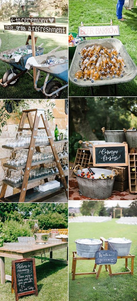 Wedding Drinks Display, Casual Backyard Wedding Reception Drink Stations, Outdoor Wedding Entertainment, Wedding Drink Station Ideas, Beer Barrow, Drink Station Ideas, Wedding Drink Station, Lilac Wedding Bouquet, Drink Display