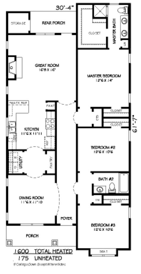 Plan 424-197 - Houseplans.com Shotgun House, Little House Plans, 2 Bedroom House Plans, Free House Plans, Houses Ideas, Simple House Plans, Building Homes, Garden Tub, Craftsman Style House Plans