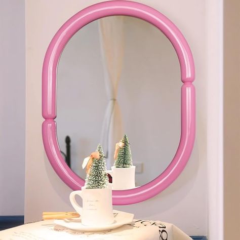 Sweeten Up Your Space: How To Candycore Your Home For The Holiday - Brit + Co Arch Mirror Bathroom, Mirror With Wood Frame, Bathroom Vanity Wall, Vanity Wall Mirror, Creative Bathroom, Colorful Frames, Fashion Mirror, Arch Mirror, Pink Mirror