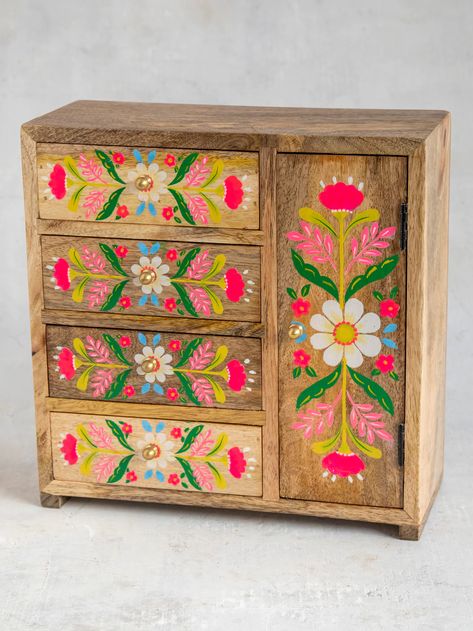 Painted Dresser Design, Bohemian Dresser, Painted Wood Furniture, Mini Dresser, Painted Dressers, Hand Painted Dressers, Dresser Cabinet, Hand Painted Table, Paint On Wood