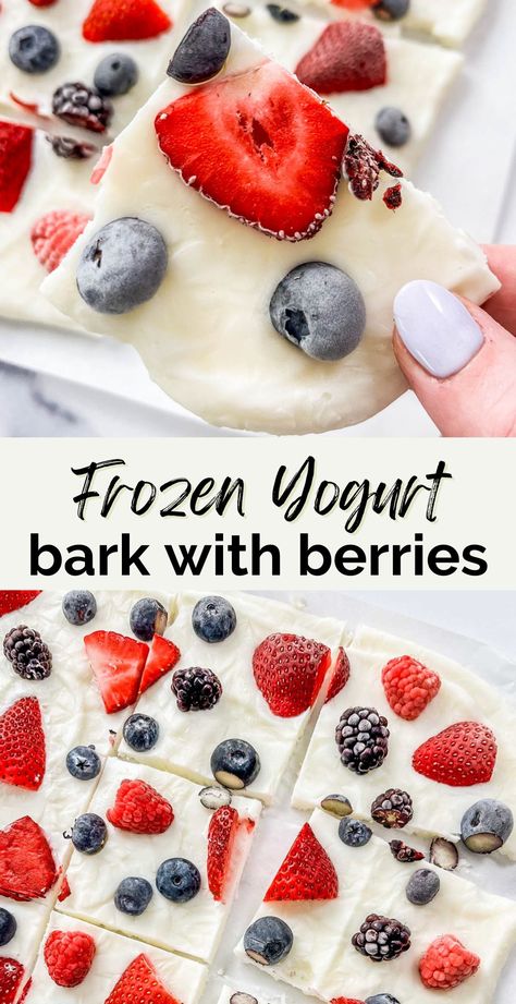 This delicious mixed berry yogurt bark is easy to make and the tastiest treat! It's a wonderful healthy snack or dessert you can pull together in just a few minutes. Yogurt Berry Bark, Frozen Yogurt Fruit Bark, Greek Yogurt Bark Recipes, Greek Yogurt Bark Frozen, Freeze Greek Yogurt, Healthy Yogurt Snacks, Mixed Berry Recipes, Yogurt Bark Recipe Frozen, Greek Yogurt Bark