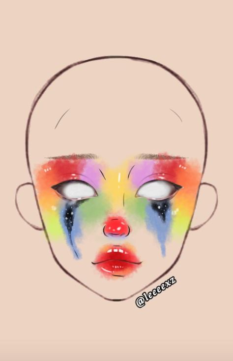 Makeup Drawing Halloween, Crazy Make Up Ideas, Cool Makeup Ideas Creative, Clown Makeup Inspo Colorful, Halloween Makeup Looks Drawing, Clowncore Makeup Aesthetic, Makeup Ideas Cosplay, Makeup Ideas Drawing Halloween, Cute Clown Makeup Ideas