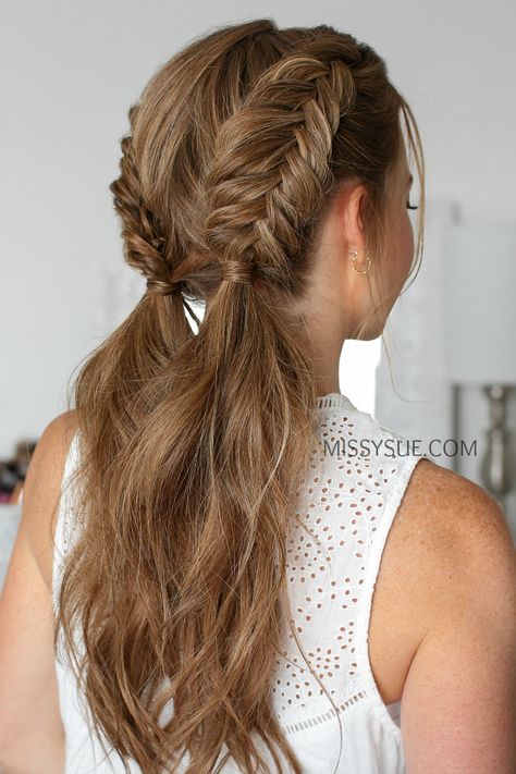 Fishtail Braid On Top Of Head, Dutch Braids Wedding Hair, Half Double Dutch Braid, How To Do 2 Fishtail Braids, Cheat Fishtail Braid, Dual Braid Hairstyle, How To Do A Dutch Fishtail Braid, French Braid Formal Hairstyles, Double Fish Tail Braid