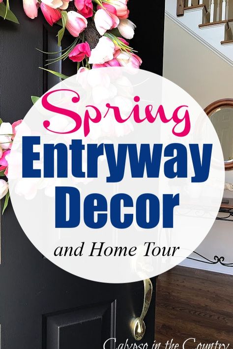 Pink tulip wreath on black front door leading to foyer. Spring Entry Table Decor, Foyer Entryway Decor Ideas, Spring Entryway Decor, Hall Table Decor, Decorating With Blue And White, Front Entryway Decor, Foyer Table Decor, Eclectic Entryway, Pink Tulip Wreath