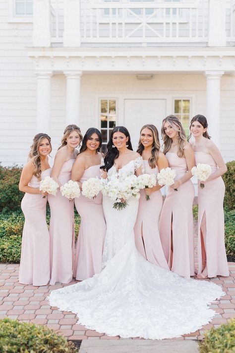 Light Rose Bridesmaid Dresses, Blush Pink Bridesmaids Dresses, Blush Pink Spring Wedding, Light Pink Bridal Party, Blush And Bashful Wedding, Baby Pink Wedding Theme, Whimsical Bridesmaid Dresses, Light Pink Bridesmaids Dresses, Light Pink Wedding Theme