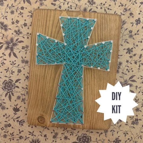 A cross string art sign would be the perfect spring craft. This do-it-yourself sign kit would be the perfect decoration for Easter. It could also be given as a special gift to a loved one. OVERVIEW The wood board measures 4 1/4 wide X 6” tall. These crosses have been strung with two contrasting Easter Spring Crafts, Cross String Art, Diy For Adults, Vbs Craft, Make Your Own Sign, Camp Crafts, Bible School Crafts, Religious Crafts, Christian Crafts