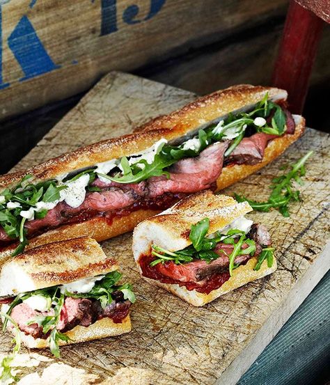 Rare roast beef baguettes with roast tomato and currant chutney Roast Beef Baguette, Rare Roast Beef, Picnic Menu, Roast Beef Sandwich, Picnic Sandwiches, Baguette Recipe, Gourmet Sandwiches, Slow Cooked Beef, Grilled Asparagus