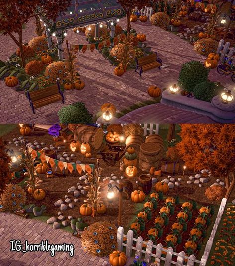 Dream Light Valley Farm Ideas, Pumpkin Patch Dreamlight Valley, Dreamlight Valley Halloween Ideas, Disney Dreamlight Valley Design Halloween, Dreamlight Valley Design Ideas Halloween, Dreamlight Valley Fall Design Ideas, Fall Dreamlight Valley, Disney Dreamlight Valley Pumpkin House, Dreamlight Valley Fall Decor