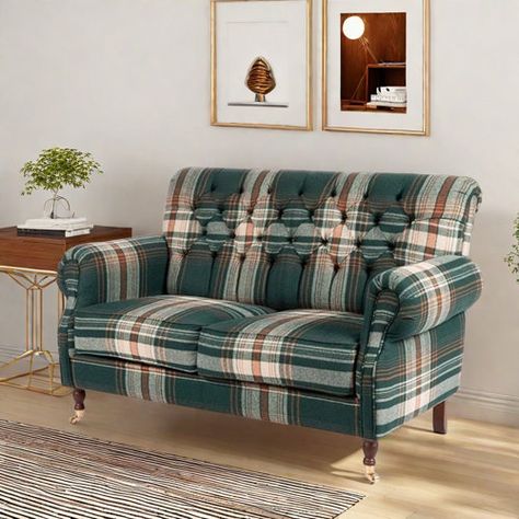 Rosalind Wheeler Chelsay | Wayfair Plaid Couch Living Room Country Style, Plaid Couch Living Room, Living Room Country Style, Plaid Couch, Living Room Country, Room Country, English Cottages, Small Space Living Room, Farmhouse Fall Decor