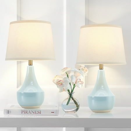 This table lamp set adds atmosphere and color to the home decoration. It goes well with any room style such as minimalist, modern, vintage style, and so on. It's great to be used as bedroom lamps, bed lamps, living room lamps, nightstand lamps, reading lamps, kid's room lamps, and etc. The modern bedside lamps are adopted with the high quality white fine fabric lampshade and stable led bulb which not only makes the glow softer to create a warmer and cozy atmosphere for you at night but also effe Lamps Set Of 2, Bedroom Hanging Lights Room Decor, Unique Nightstand Lamps, Preppy Lamps Gold, Baby Blue Lamp, Light Blue Lamps, Light Blue Table Lamp, White Lamps Living Room, Pastel Home Decor Bedroom