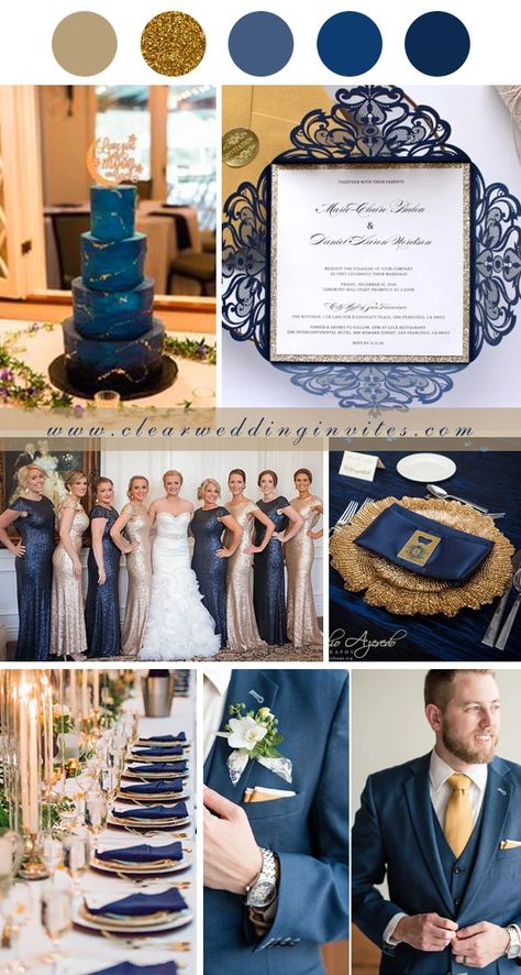 6 Perfect Wedding Colors Combos in Shades of Gold for 2021 Brides – Clear Wedding Invites Navy Teal Gold Wedding, Royal Wedding Colors Schemes, Navy Blue And Gold Tuxedo Wedding, Navy Gold Champagne Wedding, Wedding Color Schemes Blue And Gold, Navy Blue Cream And Gold Wedding, Gold Blue Wedding Theme, Royal Blue Ivory And Gold Wedding, White Gold And Blue Wedding